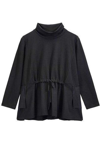 Handmade Black Turtleneck Patchwork Pockets Tie Waist Fall Top Long Sleeve