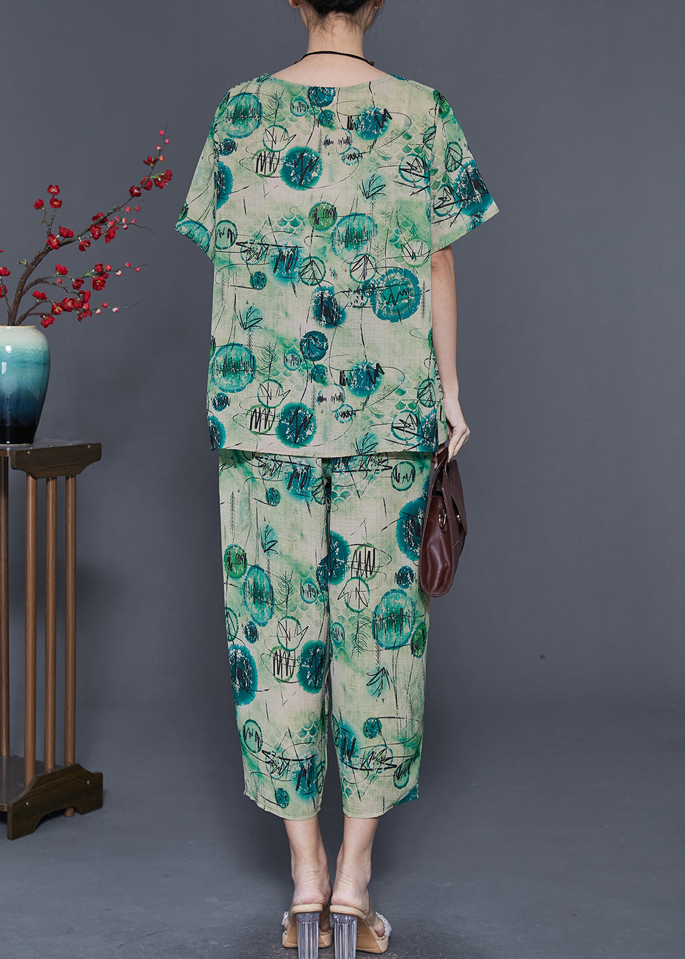 Green Oversized Print Linen Two Piece Set Summer