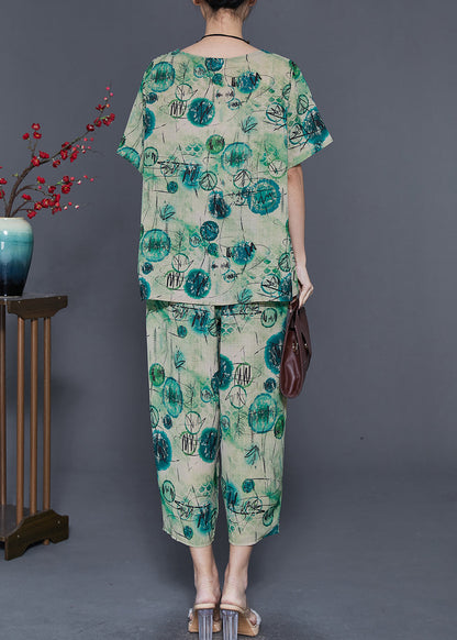 Green Oversized Print Linen Two Piece Set Summer