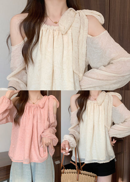 Pink Cold Shoulder Bow Chiffon Shirt Tops Fall