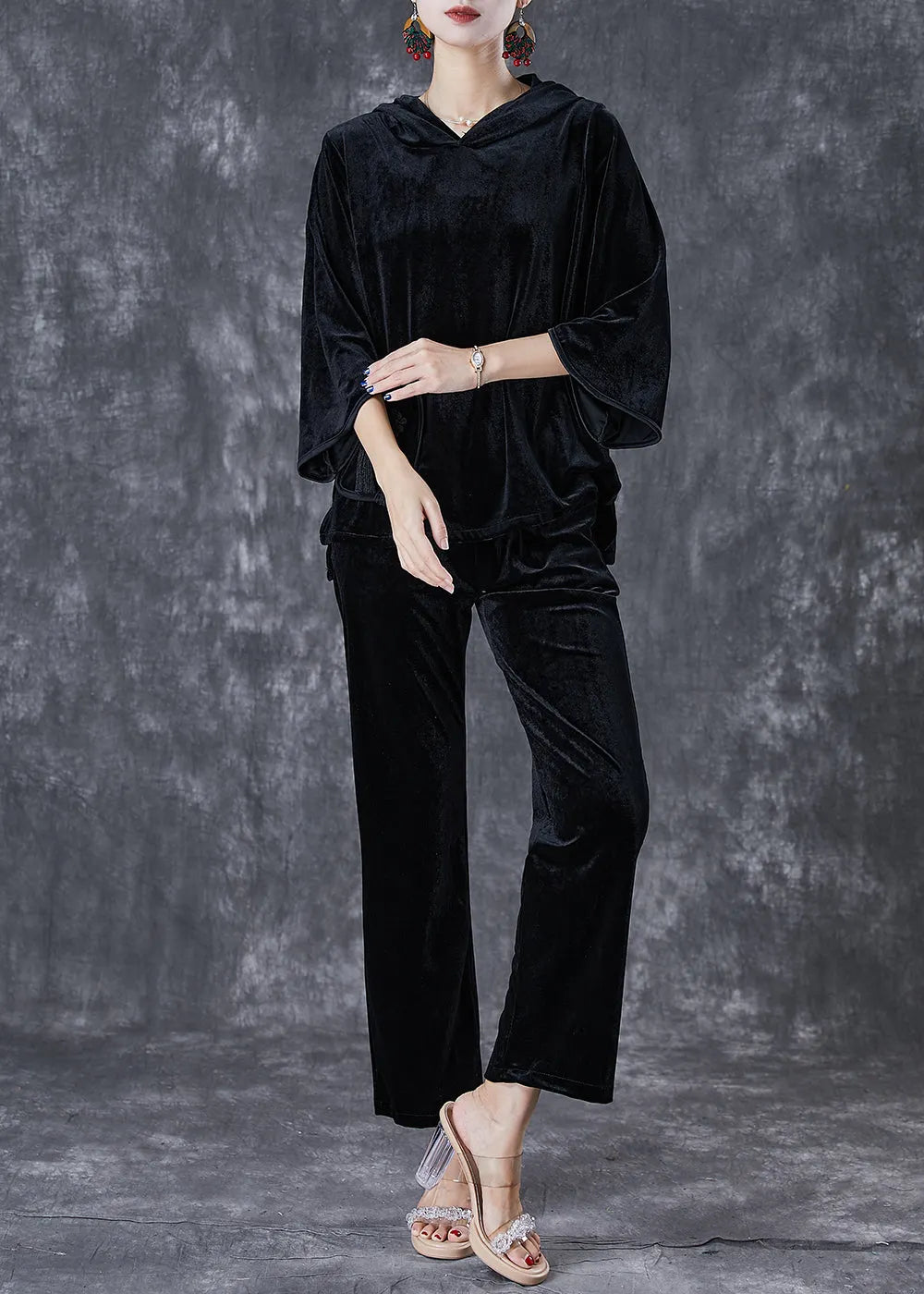 Black Tasseled Chinese Button Silk Velour Two Pieces Set Fall