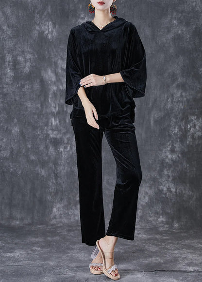 Black Tasseled Chinese Button Silk Velour Two Pieces Set Fall