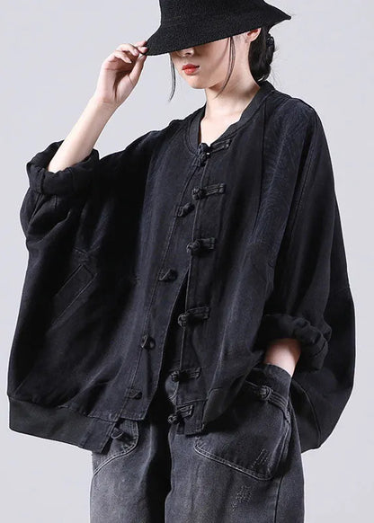 Art Blue O-neck Patchwork Bat Wing Sleeve Print Fall Coat