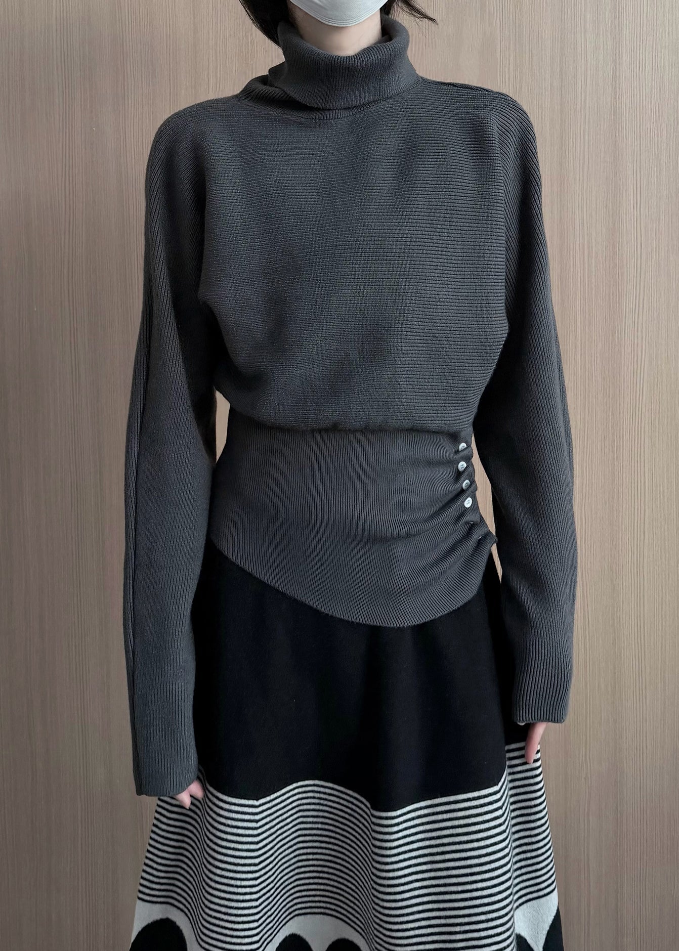 Grey Turtle Neck Asymmetrical Design Knit Pullover Winter