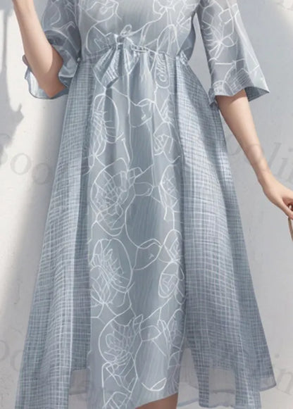 Loose Light Blue O Neck Print Wrinkled Silk Dress Summer