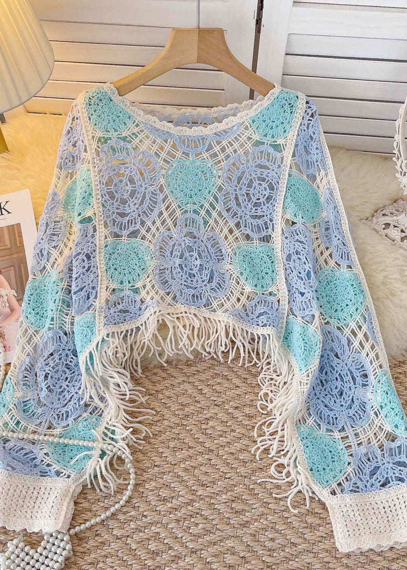 Green O-neck Tassel Hollow Out Patchwork Knit Shirt Fall
