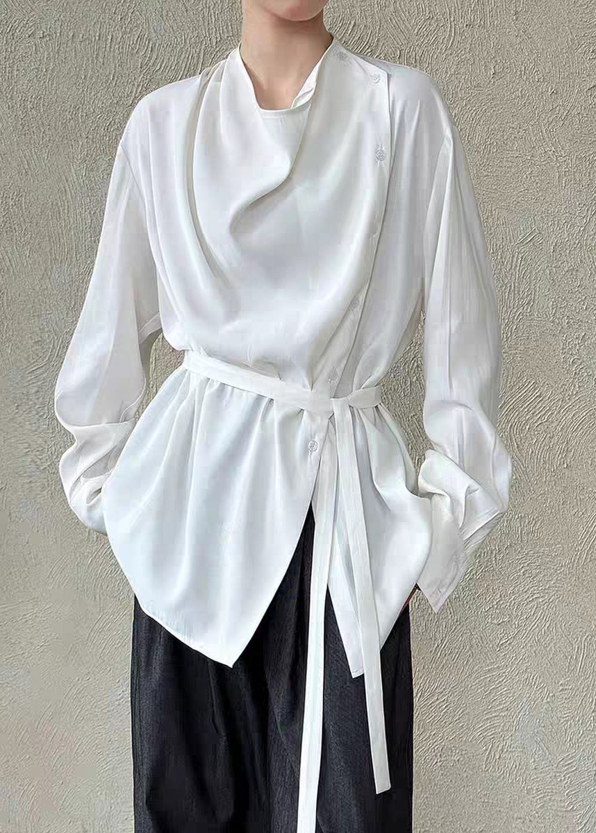 White Stand Collar Button Shirts Lantern Sleeve Spring
