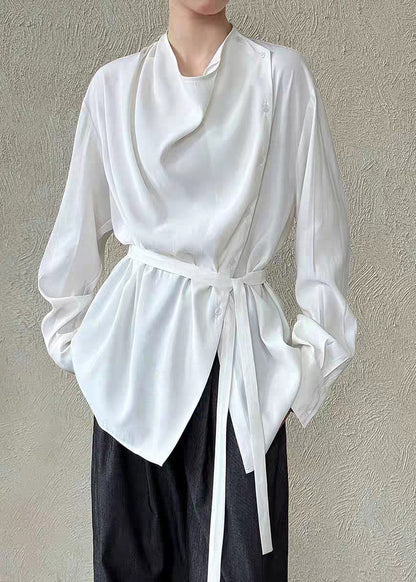 White Stand Collar Button Shirts Lantern Sleeve Spring