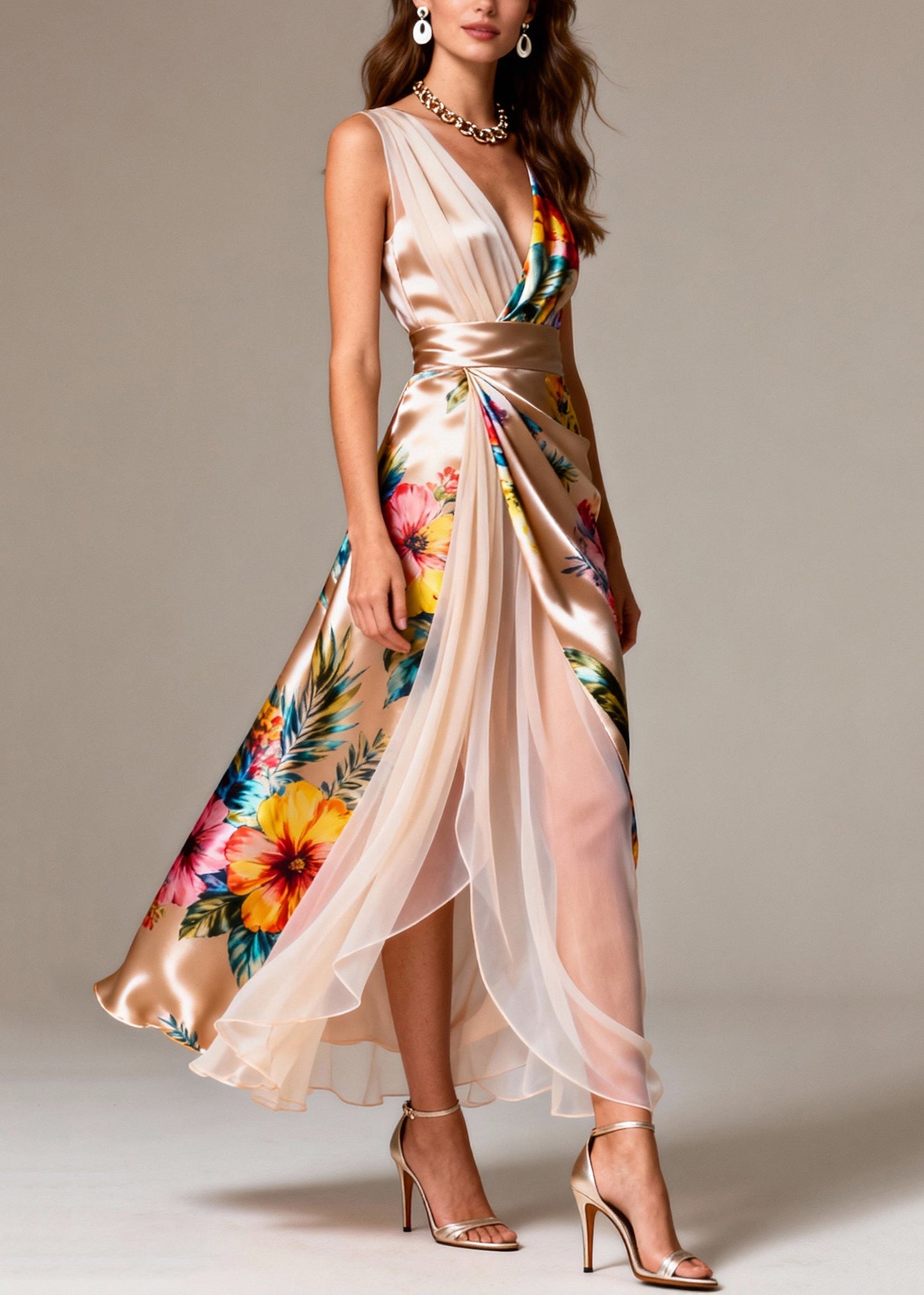 Champagne Patchwork Tulle Silk Holiday Dress Side Open Sleeveless Summer