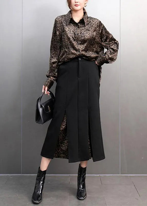 Leopard Peter Pan Collar Button Shirts and Maxi Skirts Two Pieces Set Spring