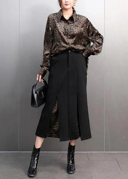 Leopard Peter Pan Collar Button Shirts and Maxi Skirts Two Pieces Set Spring