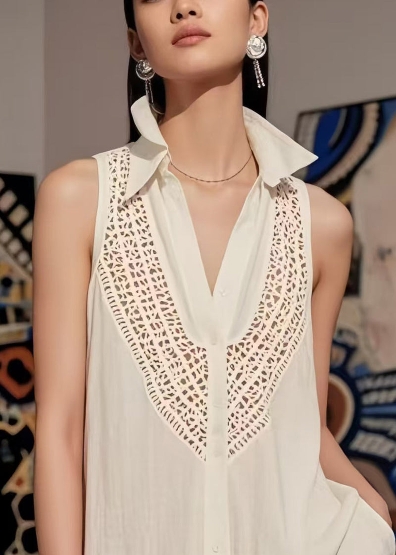 White V Neck Hollow Out Cotton Top Sleeveless
