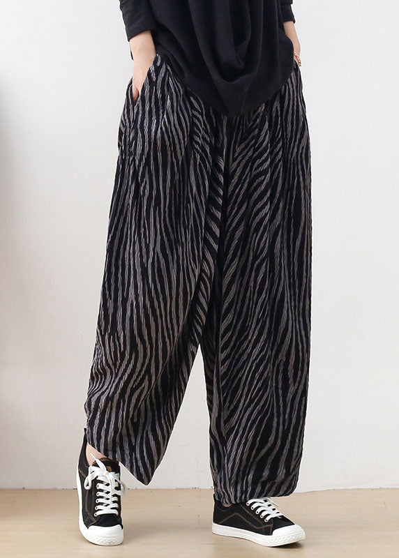 Black Grey Elastic Waist Pockets Cotton Harem Pants Spring