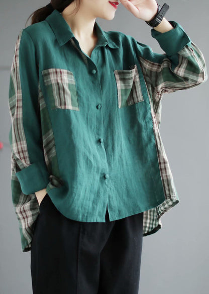 French Green Plaid Patchwork Peterpan Collar Pockets Fall Long Sleeve Tops