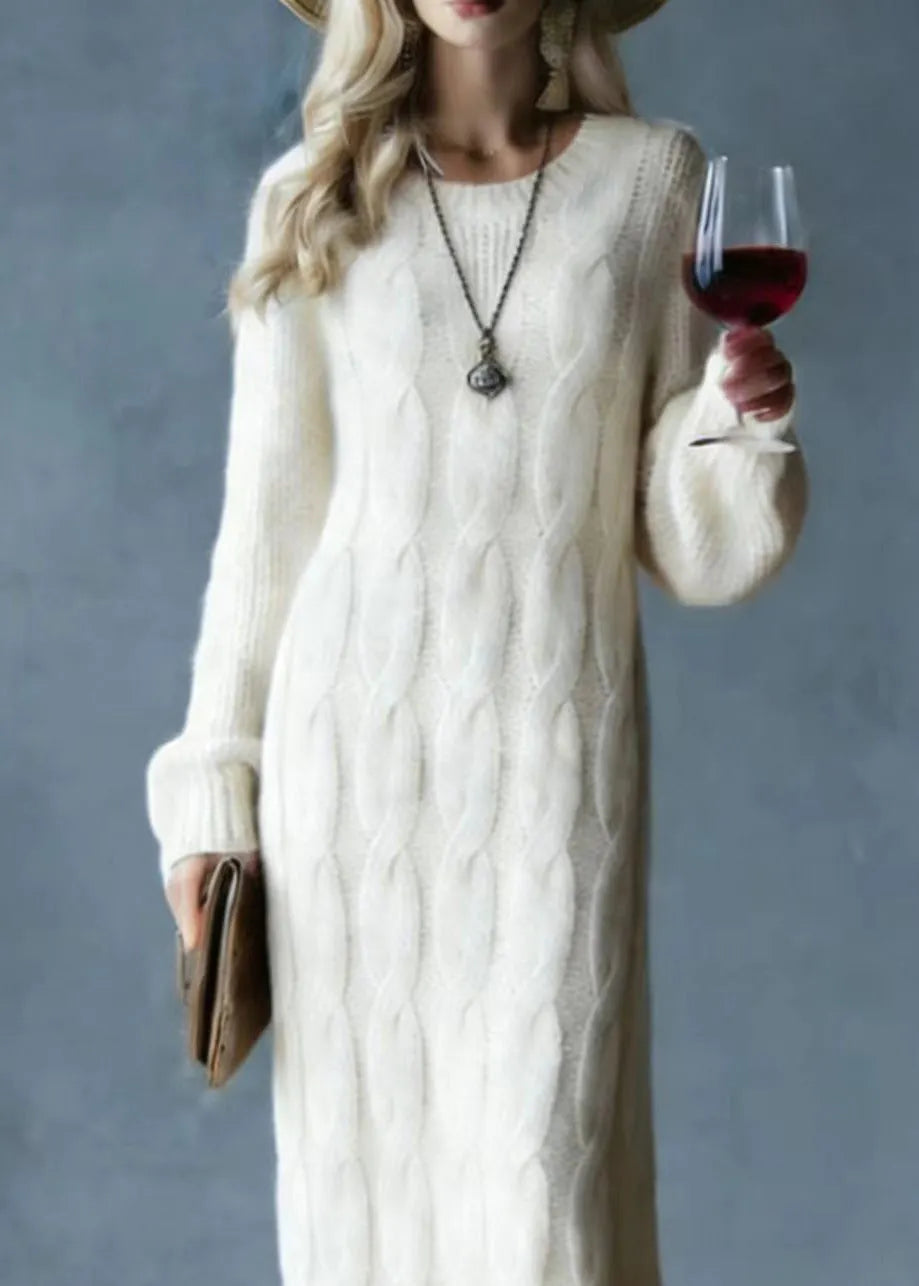 Modern Apricot O Neck Cozy Warm Knit Sweater Dress Spring