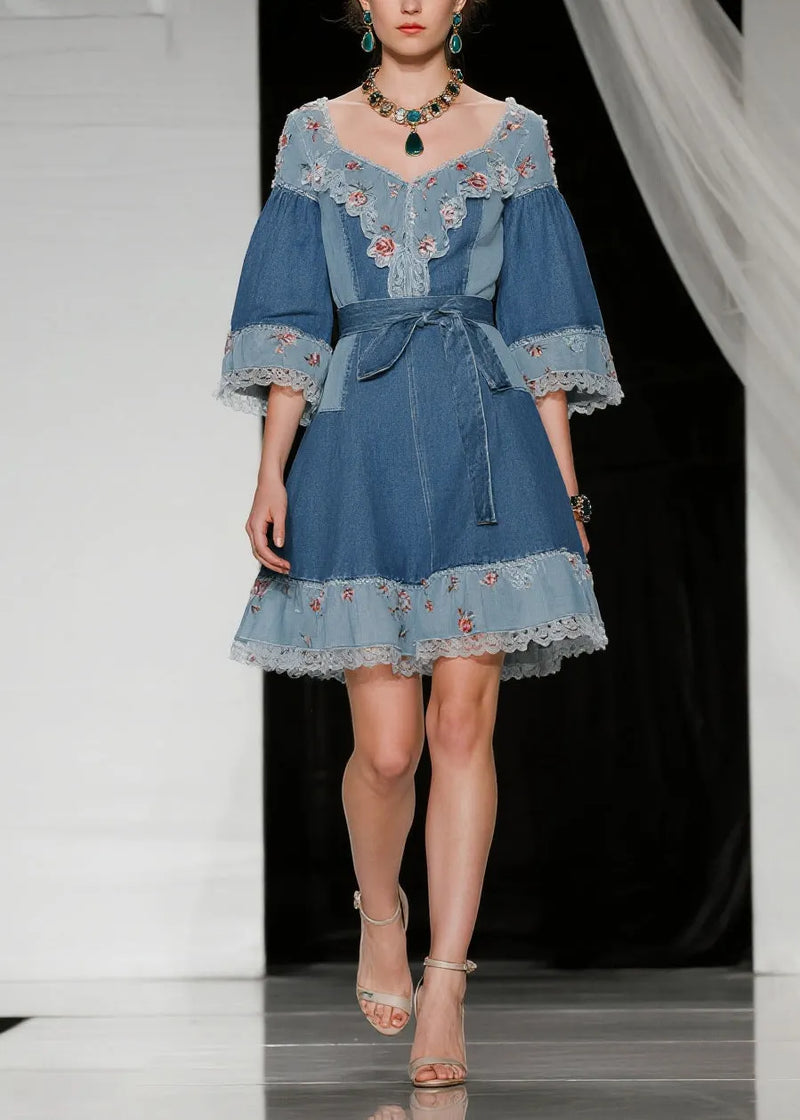 Blue Tie Waist Patchwork Lace Denim Day Dress Summer