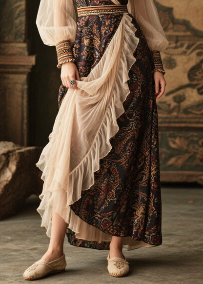 Black V Neck Patchwork Tulle Chiffon Maxi Dresses Lantern Sleeve