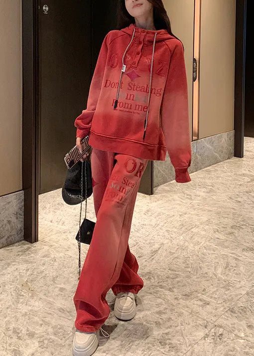 Red Gradient Color Hooded Letter Warm Fleece Two Pieces Set Winter