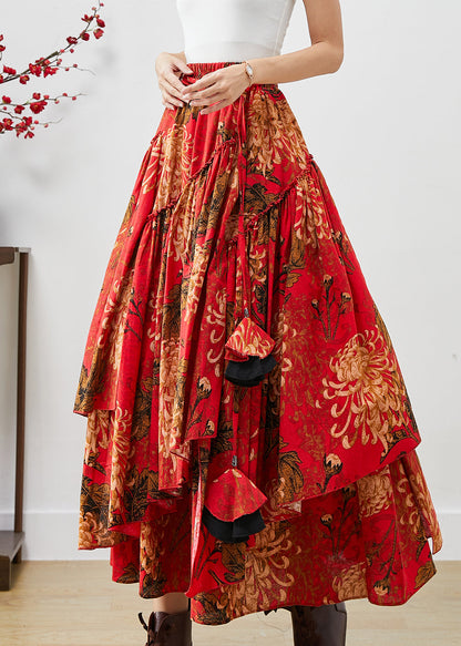 Loose Red Asymmetrical Print Cotton a Line Skirts Fall