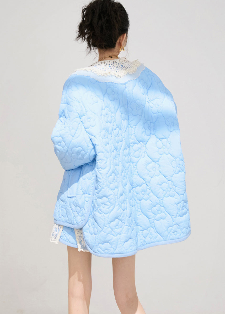 Blue Oversized Embossing Fine Cotton Filled Jacket Winter