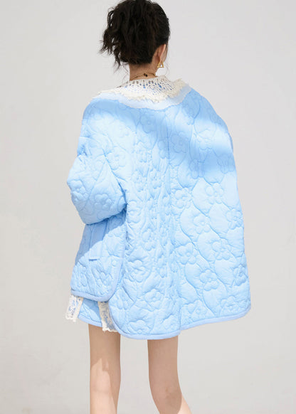 Blue Oversized Embossing Fine Cotton Filled Jacket Winter