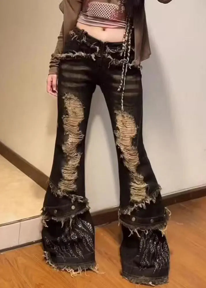 Navy Tasseled Denim Ripped Bell-bottom Trousers Spring