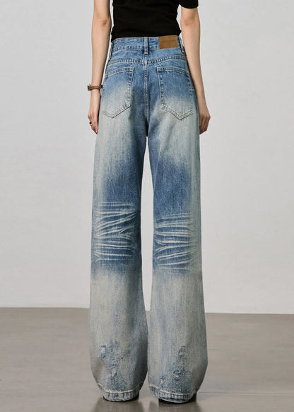 Boutique Blue Pockets High Waist Denim Ripped Pants Fall