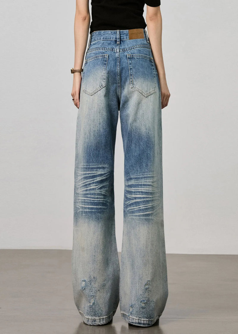 Boutique Blue Pockets High Waist Denim Ripped Pants Fall