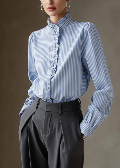 Blue Ruffled Striped Cotton Shirt Tops Spring