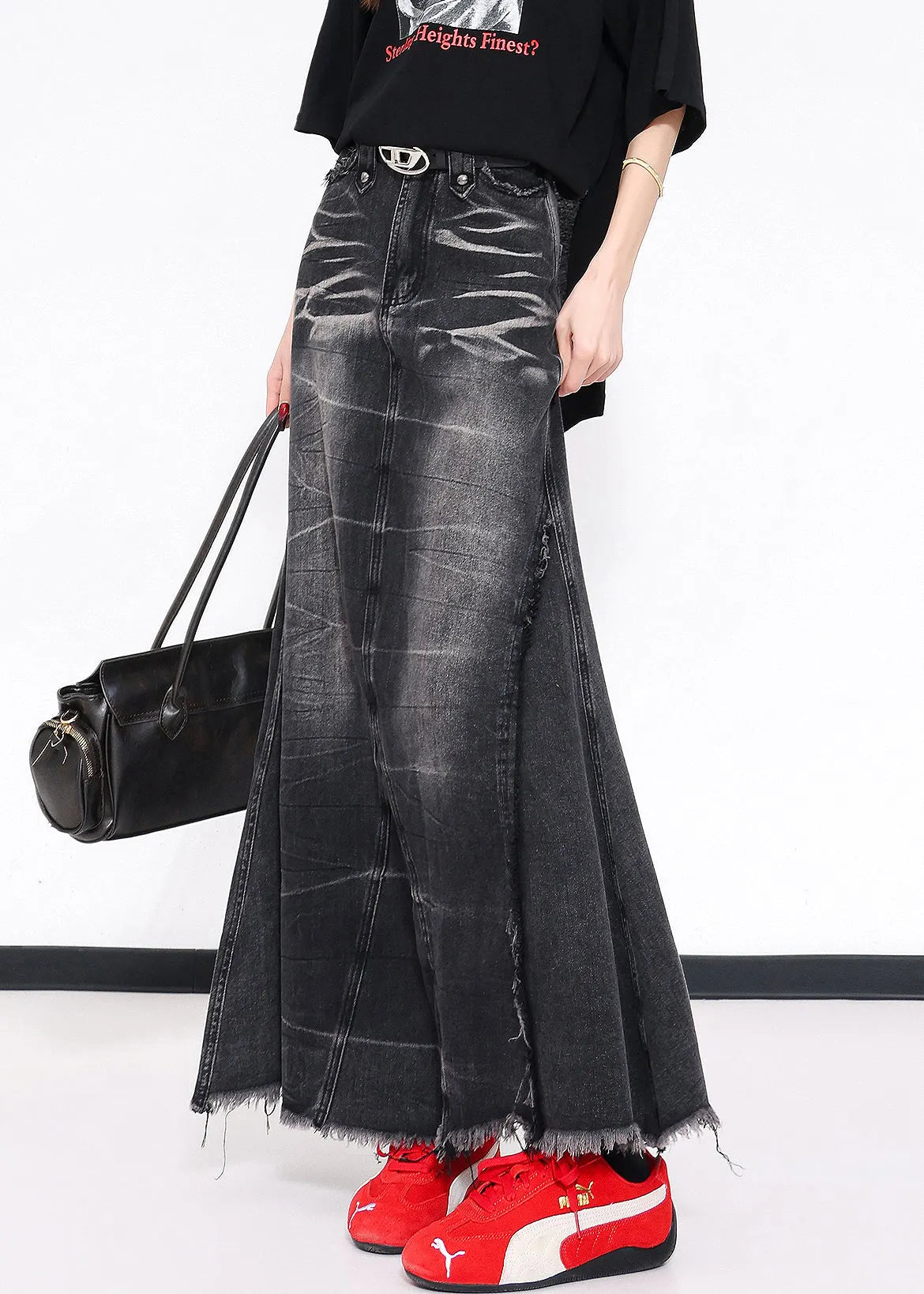 Black Tassel Pockets Patchwork Slim Fit Denim Skirts Fall