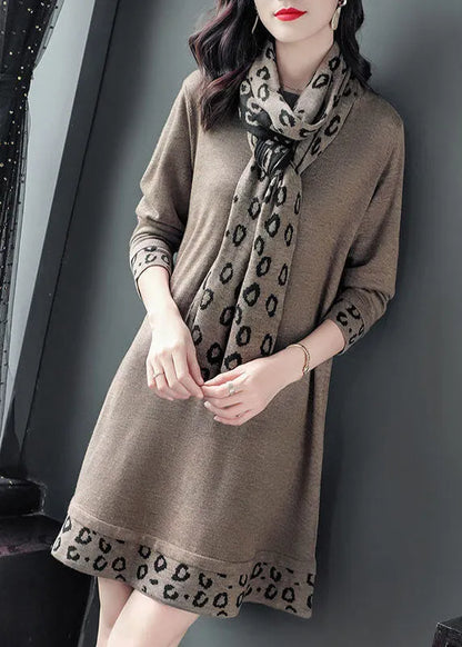 Camel Print Patchwork Knitted Dress O-neck Scarf Long Sleeve Fall