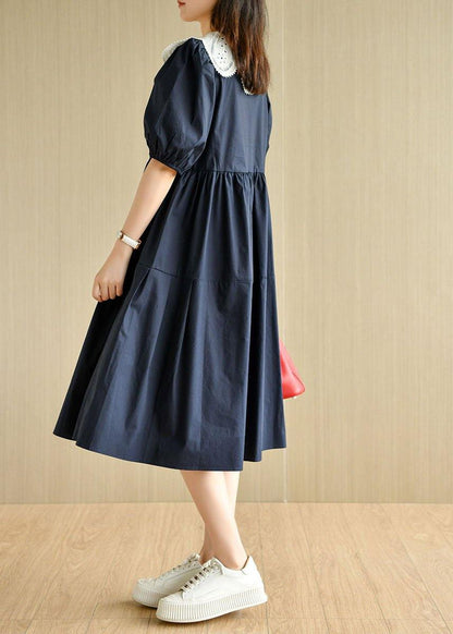 Navy Peter Pan Collar Patchwork Summer Cotton Dresses Short Sleeve