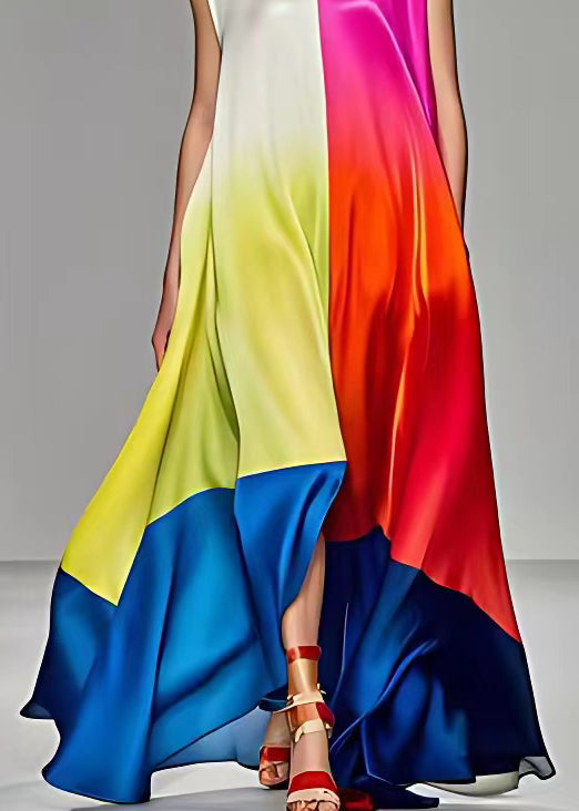 Rose Asymmetrical Pockets Silk Long Dresses Sleeveless