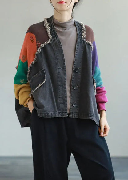 Fitted Black V Neck Pockets Patchwork Denim Coats Spring