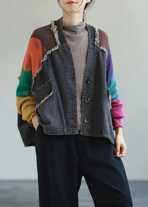 Fitted Black V Neck Pockets Patchwork Denim Coats Spring
