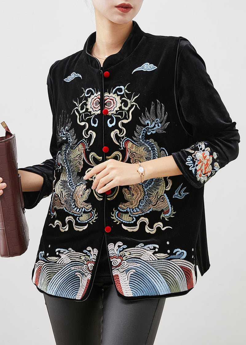 Black Embroideried Silk Velour Shirt and Vest Two Pieces Set Spring
