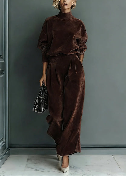 Loose Grey Turtleneck Pockets Tops and Pants Silk Velvet Two Pieces Set Spring