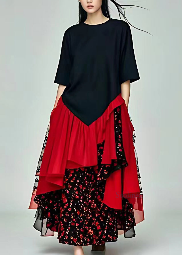 Fine Black O-neck Patchwork Chiffon Maxi Dresses Summer