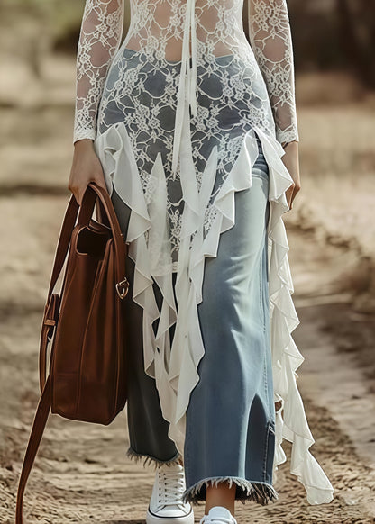 White Asymmetrical Hollow Out Lace Shirt Tops Summer