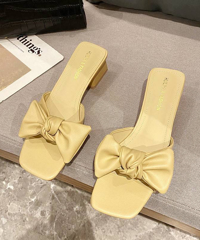 Bow Splicing Chunky Yellow Faux Leather Slide Sandals