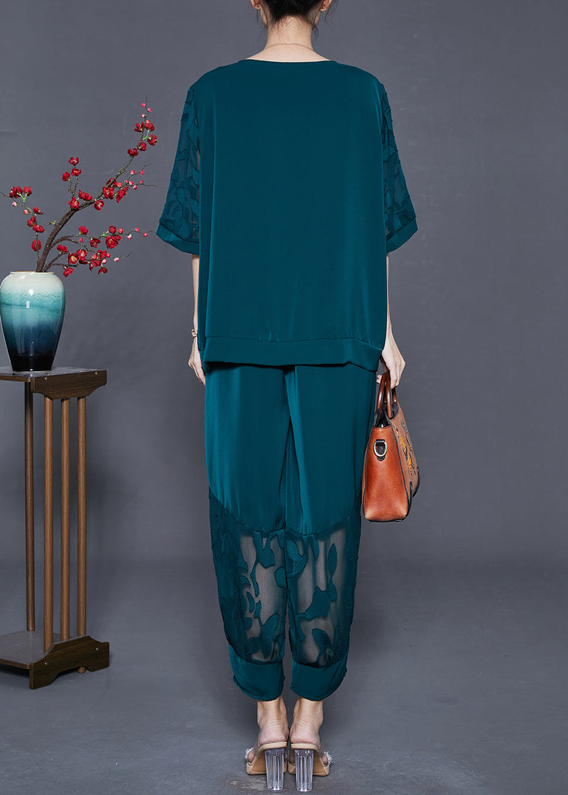 Dull Green Oversized Patchwork Silk Two Piece Set Summer