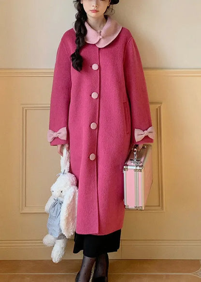 New Rose Peter Pan Collar Bow Wool Long Coats Winter