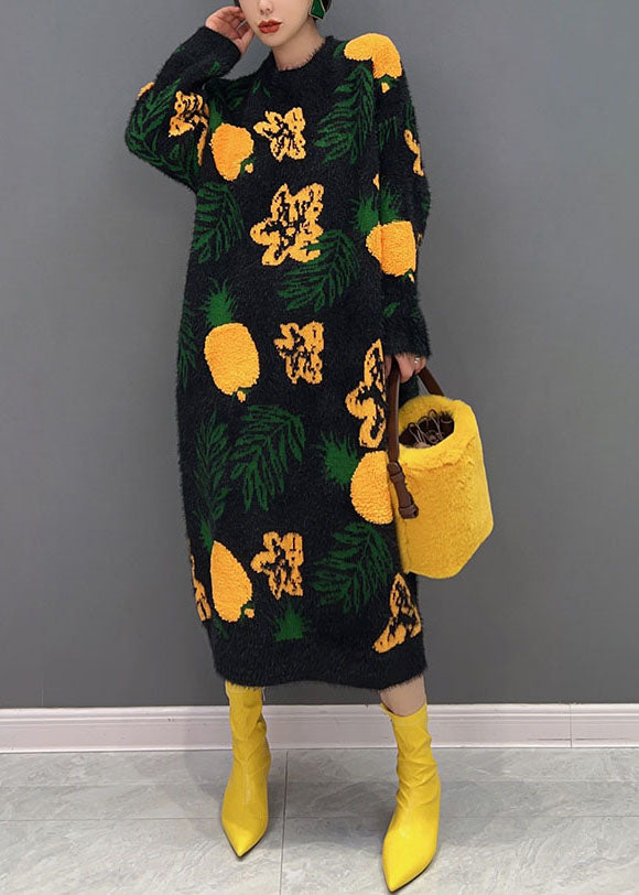 Black Jacquard Mink Hair Knitted Long Dress O-neck Oversized Winter