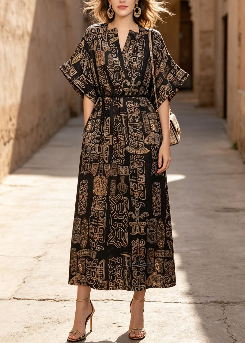 V Neck Print Pockets Cotton Dresses Summer