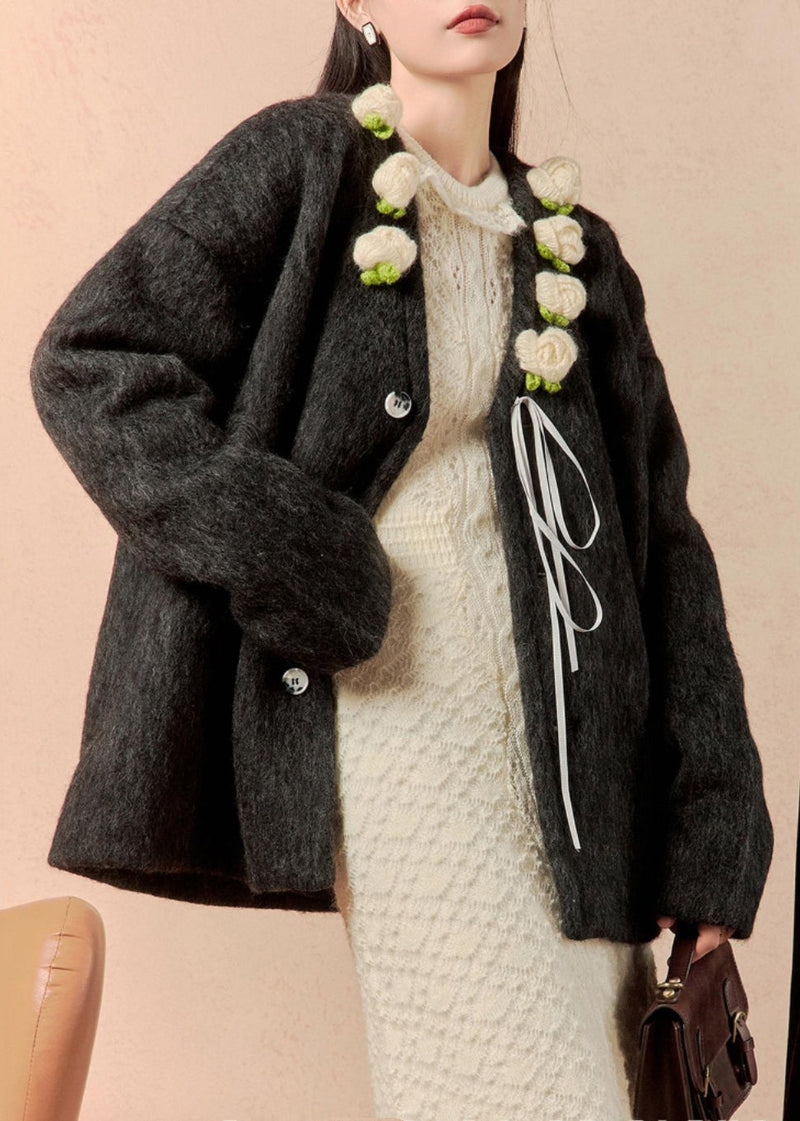 Loose Black Button Patchwork Woolen Coat Winter