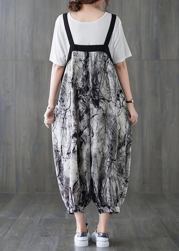 Art Ink Printing Pocket Patchwork Lantern Pant Strap Jumpsuit Spring