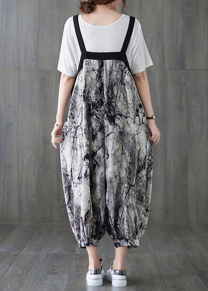 Art Ink Printing Pocket Patchwork Lantern Pant Strap Jumpsuit Spring