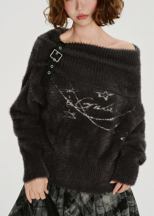 Chocolate Cold Shoulder Print Faux Mink Knit Pullover Winter