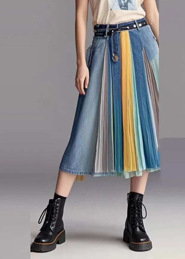 Blue Patchwork Wrinkled Denim Skirts Fall