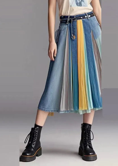 Blue Patchwork Wrinkled Denim Skirts Fall
